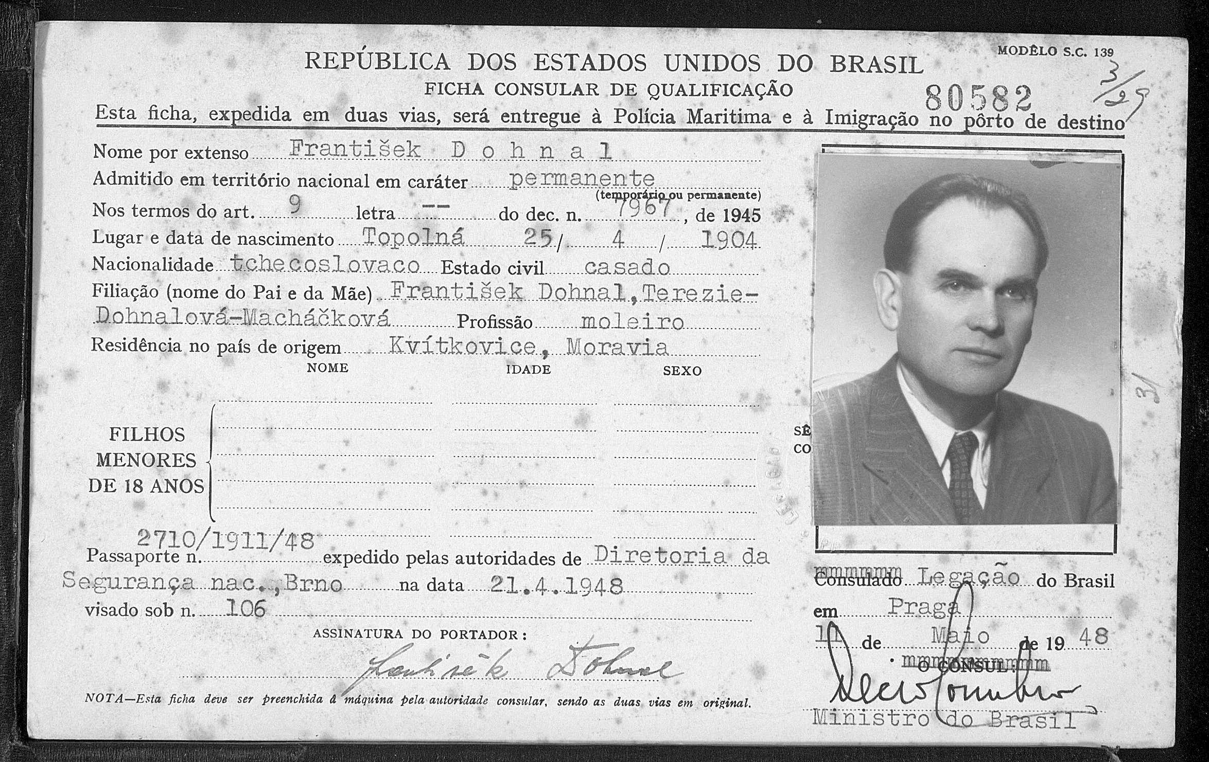 Dohnal František, konzulární formulář Brazílie