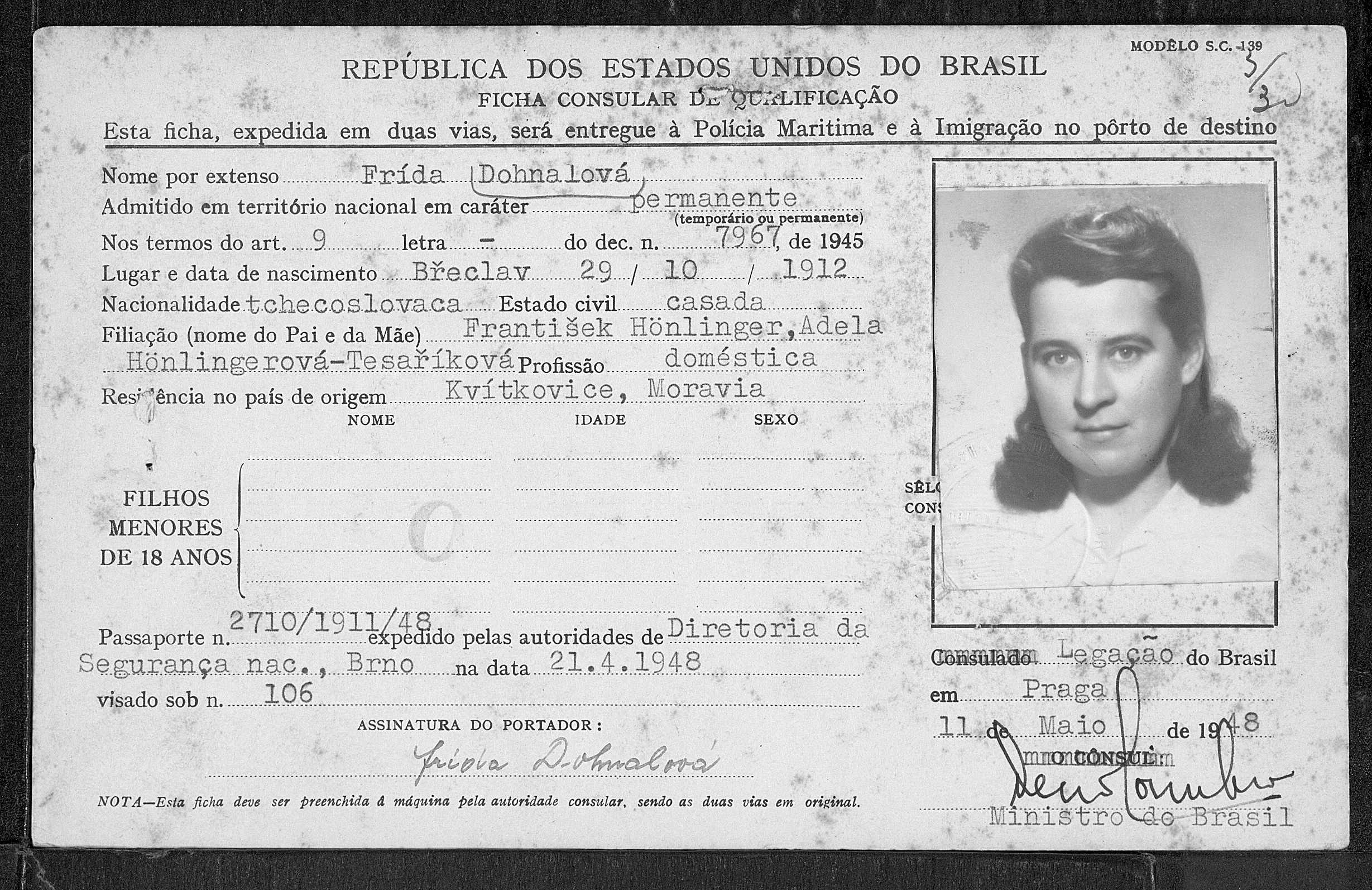 Dohnalová Frída, konzulární formulář, Brazílie